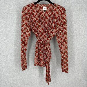 Cabi Ringleader Wrap Top Size S Red Signet Chain Print Mesh Long Sleeve 3951